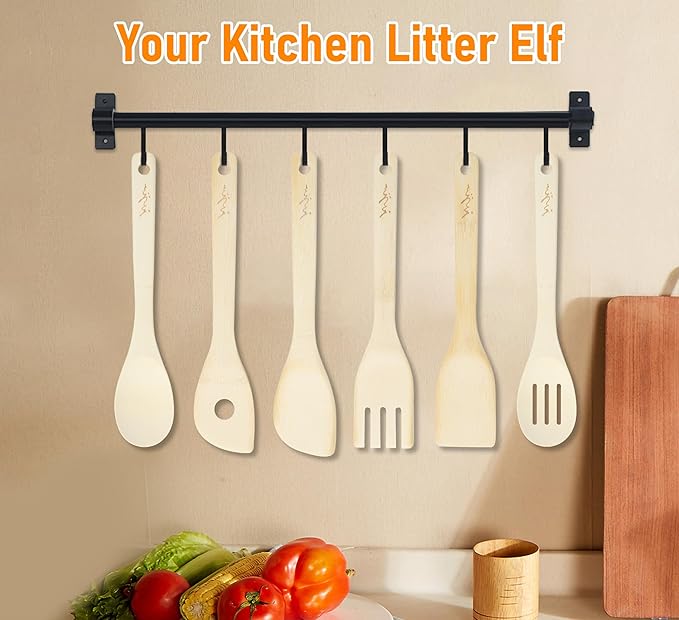 Wooden Spoons & Spatulas 6-Piece Bamboo Kitchen Utensil Set - Natural Material Scraper & Strainer Cooking Tools