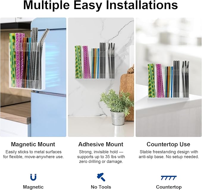 Upgraded Acrylic Straw Holder for Cabinet Door, Fridge & Countertop–Magnetic/Adhesive Dual Mount, Strong Hold, Space-Saving Straw Organizer with Adhesive Tape, Magnetic Sheet