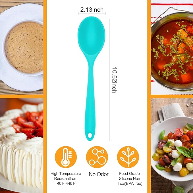 2 Pcs Silicone Nonstick Mixing Spoon,10.6Inch Silicone Spoons for Cooking Heat Resistant, Cooking Utensil for Kitchen Cooking Baking Stirring Serving (Blue)