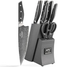 NANFANG BROTHERS Knife Set, 7-Pieces Damascus Kitchen Knife Set with Block, ABS Ergonomic Handle for Chef, Carving Fork, Disconnect-type Knife Block Set (Grey)