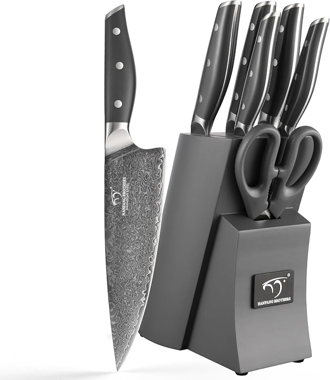 NANFANG BROTHERS Knife Set, 7-Pieces Damascus Kitchen Knife Set with Block, ABS Ergonomic Handle for Chef, Carving Fork, Disconnect-type Knife Block Set (Grey)