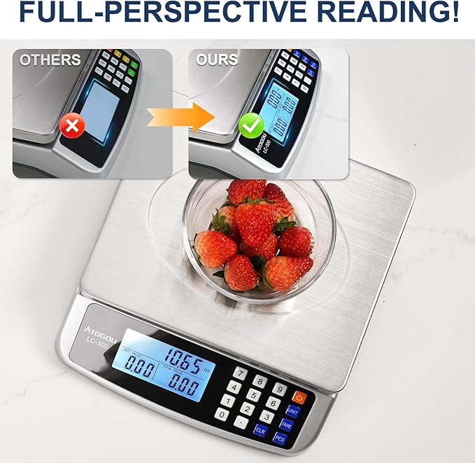 Atogou 66lb Food Scale, Commercial Kitchen Scale with Price Computing, Plug-in Usable, 0.05oz/1g, 304 Stainless Steel, for Cooking, Vegetables, Farm, Industry, Counting. LC300 Silver