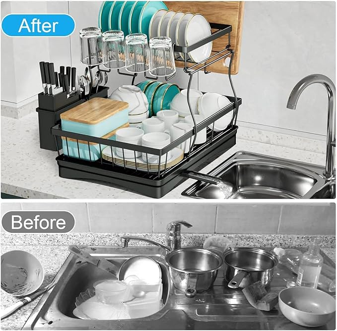 Large 2-Tier Dish Drying Rack for Kitchen countertops, Removable Large-Capacity Dish draining Rack
