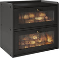 Double Layer Large Bread Box for Kitchen Counter, Wooden Corner Bread Storage Container with Acrylic Window, Black