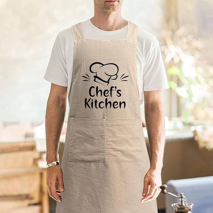 Cotton Linen Apron Non-tie Cross Back Kitchen Apron with Pockets Soft Comfortable Durable for Cooking Baking Gardening (Khaki,Chef's Kitchen)