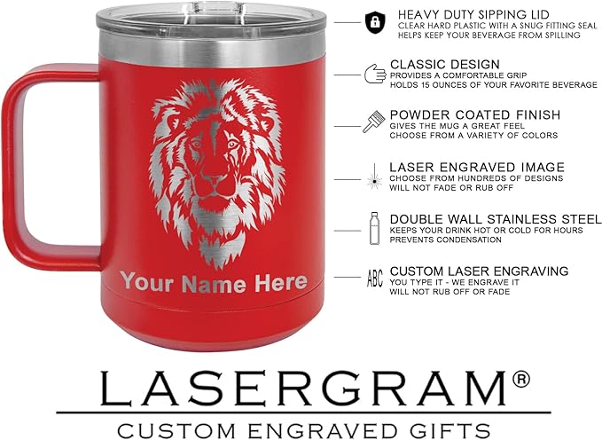LaserGram 15oz Vacuum Insulated Coffee Mug, Tiki Statue, Personalized Engraving Included (Red)