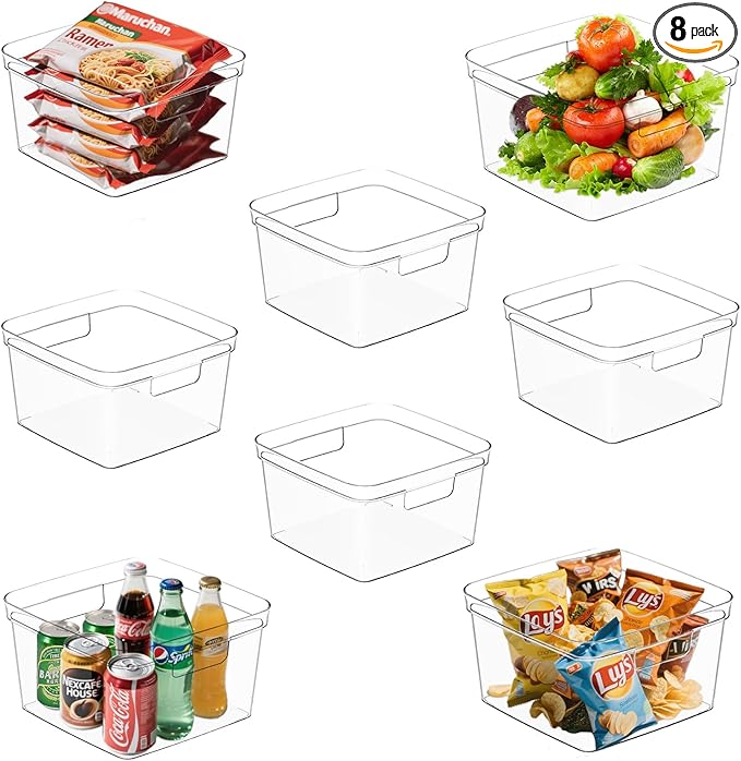 MOONEDGE 8-Pack Clear Plastic Storage Bins — Open-Top PET Containers and Organizers, 10" x 10" x 6" Storage Boxes for Pantry, Garage, Under-Shelf and Multi-Purpose Home Organization