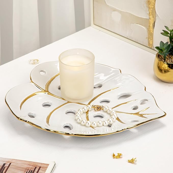 Ceramic Leaf Shaped Decorative Tray, White Gold Monstera Leaf Plate 12.6"x11" for Jewelry, Keys, Snack, Candle Holder, Modern Table Centerpiece Home Decor