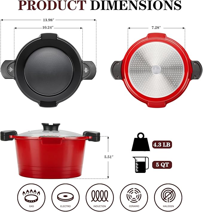 ACTIV CUISINE 5.0qt Pasta Pot with Strainer Lid, Cast Aluminum Stockpot Multipot, Nonstick Ceramic Coating make Cleanup easy with Tempered Glass Lid, Dishwasher Safe, Induction, Red