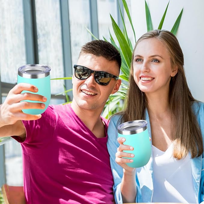 StarSpeed 12oz/6 Pack Wine Tumbler with lid, Stainless Steel Travel Mugs Stemless Double Wall Insulated Coffee Cup, Insulated Wine Glasses Travel Tumbler for Cold & Hot Drinks(Light Green, 6)