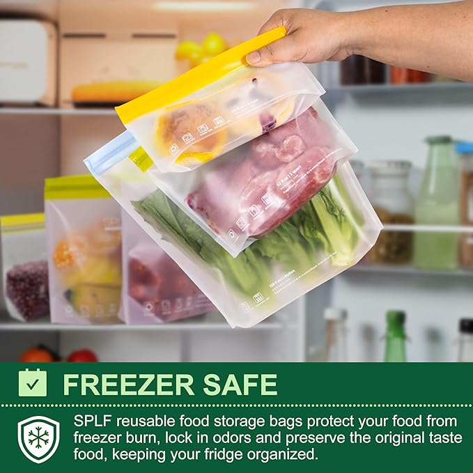 SPLF 10 Pack Stand-Up Reusable Food Storage Bags Dishwasher Safe, BPA Free Reusable Freezer Bags, Extra Thick Leakproof for Meal Prep, Sandwich, Bread, Veggies - 3 Gallon 4 Quart 3 Snack
