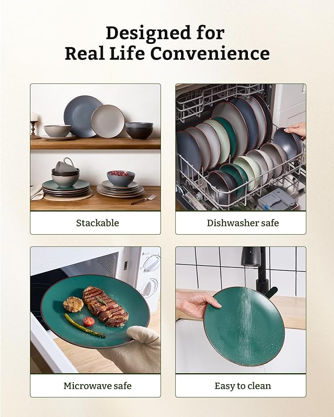 Famiware Venus Ceramic Plates and Bowls Sets, Speckled Dinnerware Dish Sets for 8 (24 Pieces) - Microwave and Dishwasher Safe, Matte Dark Green