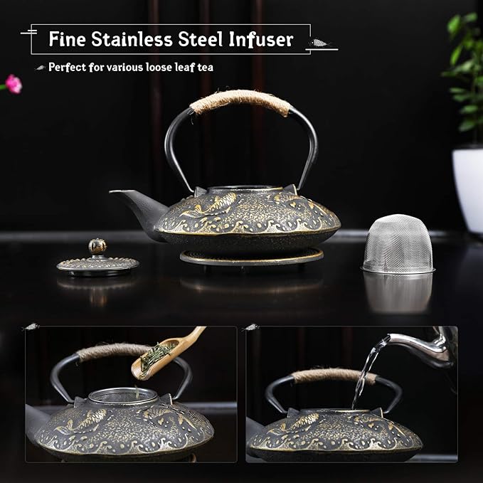 Ufine Koi Fish Cast Iron Teapot Set Stove Top Tea Kettle with 4 Cups Japanese Style Tetsubin Tea Gift Set, 26 oz with Stainless Steel Infuser