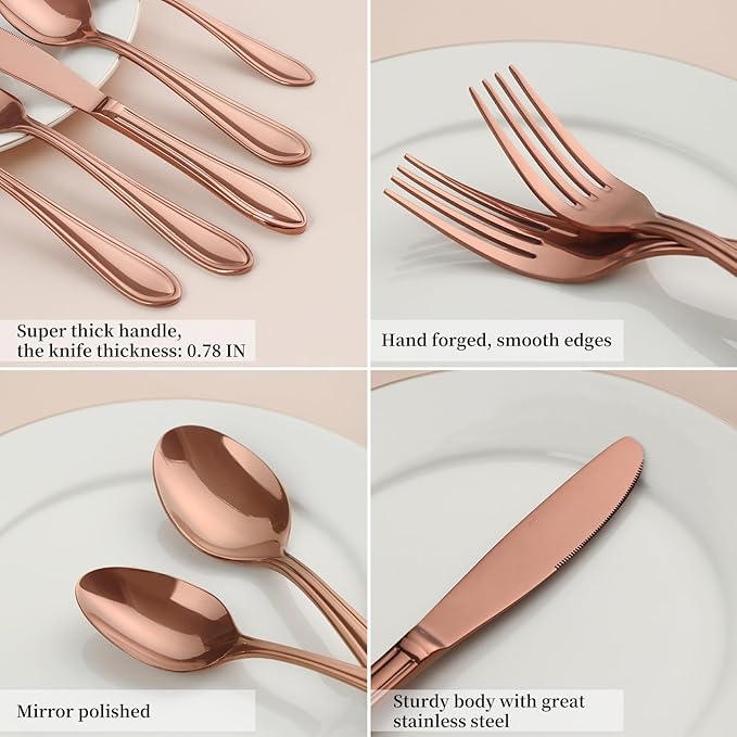 Rose Gold Silverware Set,60-Piece Stainless Steel Flatware for 12, Heavy-Duty 18/0 Stainless Steel Utensils,Mirror Polished Dishwasher Safe for Home & Kitchen Dining