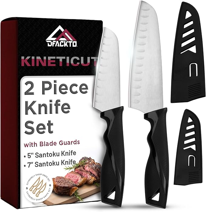 DFACKTO 2-Piece Santoku Knife Set – Stainless Steel Kitchen Cooking Knives w/Protective Covers, Dishwasher Safe, No Block, Sharp Chef Cutlery for Chopping, Cutting, Slicing Meat & Vegetables - Black