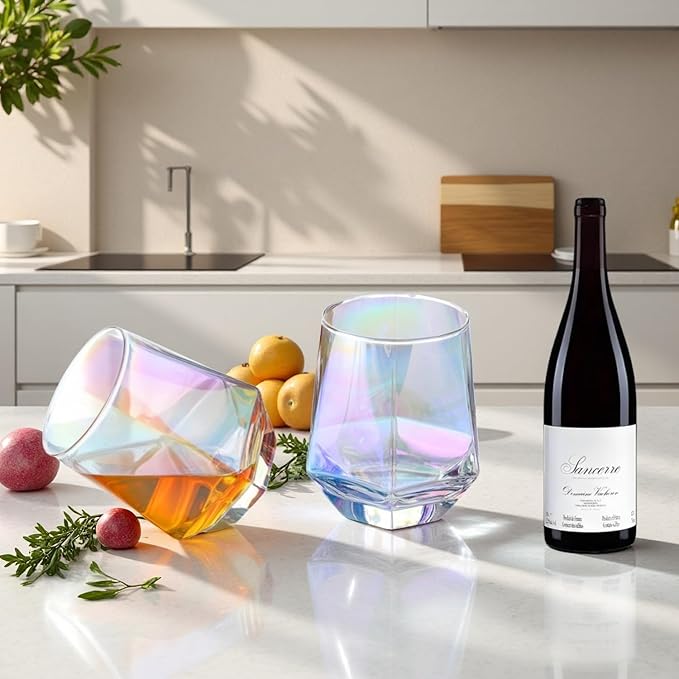 Wine Glasses Set Of 4,Stemless Wine Glass10 Oz Iridescent Glassware Modern Rainbow Wine Glass Colored Tumblers for Red Wine,Cocktail,Whiskey, Bourbon,Gift wine lovers (Iridescent)