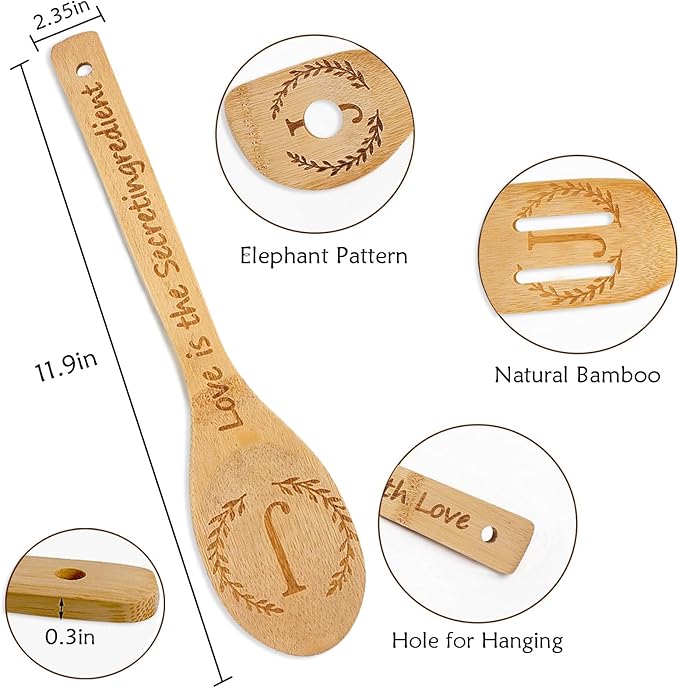 5PCS Initial Wooden Cooking Spoons Initial Letter Kitchen Decor Gifts Personalized Monogrammed Birthday Gifts for Women Mom Friend Housewarming Wedding Bamboo Cooking Spoons