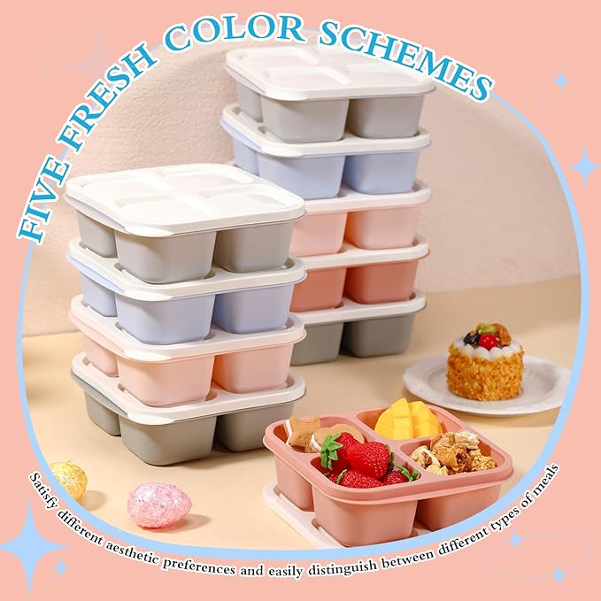 Honeydak 10 Pack Bento Snack Containers 4 Compartment Snack Boxes Reusable Containers with Lids Divided Meal Prep Lunch Food Storage Box for School Work Travel