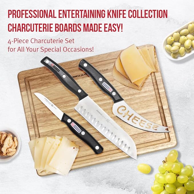 Miracle Blade World Class 4 Piece Professional Entertainment Charcuterie Knife Set with Acacia Wood Board