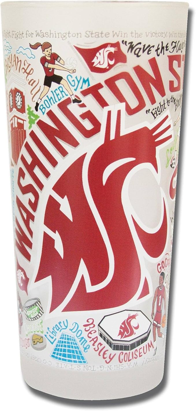 Catstudio Drinking Glass, Washington State University Glass Cup for Kitchen, 15oz Dishwasher Safe Tumbler for WSU Alumni