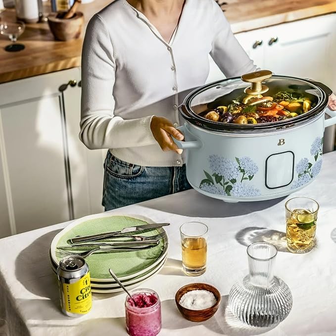 Beautiful 6 Qt Programmable Slow Cooker with Touch Control, Digital Timer and Keep Warm Function – Large Electric pot Capacity Kitchen Appliance by Drew-Barrymore (Hydrangea Floral)