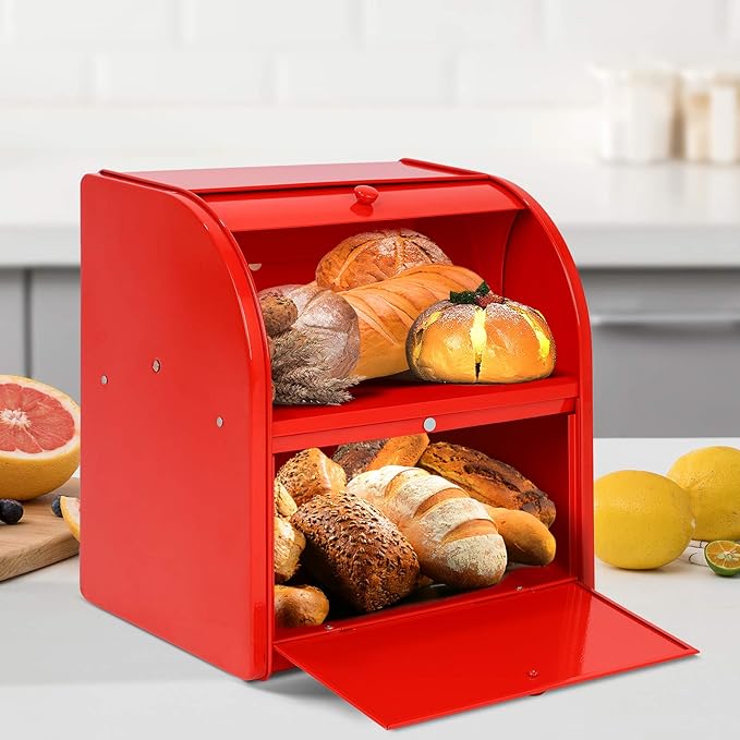 2 Layer Metal Bread Boxes, Bread Box Storage Bin Kitchen Container with Roll Top Lid Iron Countertop Containers Metal Food Storage Bread Keeper Large Capacity Home Kitchen Counter（Red）