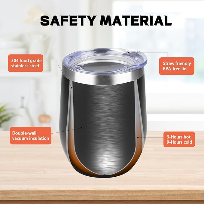 StarSpeed 12oz/6 Pack Wine Tumbler with lid, Stainless Steel Travel Mugs Stemless Double Wall Insulated Coffee Cup, Insulated Wine Glasses Travel Tumbler for Cold & Hot Drinks(Black, 6)