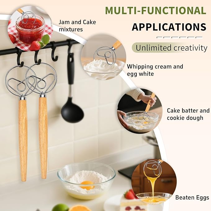 Hand Whisk Stainless Steel Dough Hook Dutch Whisk for Sourdough Bread Dough Mixer Hand Wooden Handle Kitchen Whisking Mixing Tool Bread Making Tools (Love heart shape)