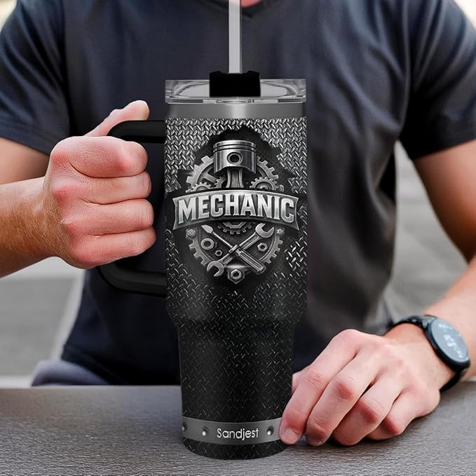 SANDJEST Mechanic Gift for Men, 40oz Stainless Steel Insulated Coffee Tumbler With Lid & Straw, Travel Mug Gift for Dad Husband, Christmas Birthday Father's Day