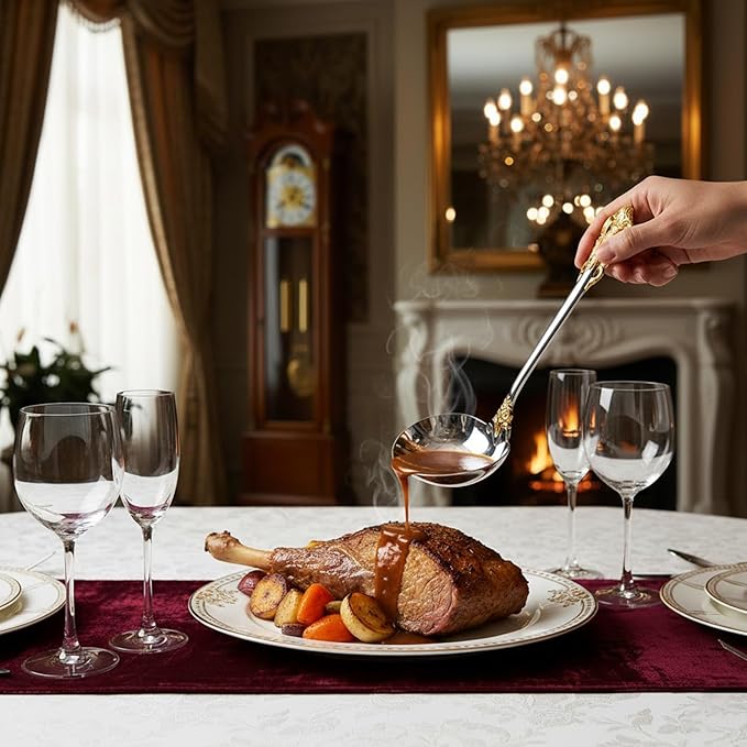 KEAWELL Premium 7.5 inch Luxury Gravy Ladle, 18/10 Stainless Steel, Small Gravy Spoon for Home. Solid and Sturdy, Dishwasher Safe. (1, Gold Accent)