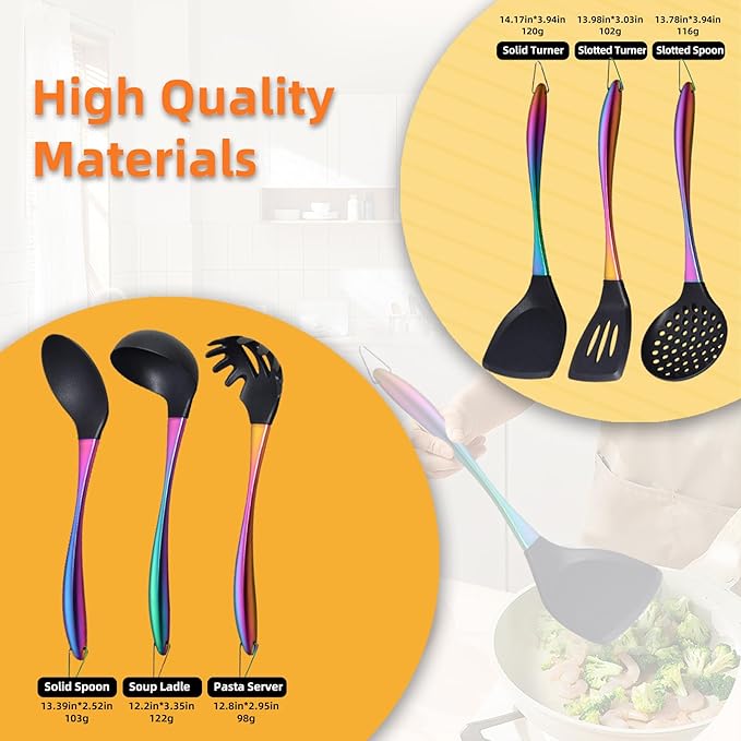 Kitchen Utensils Set, Large Non-stick Silicone Cooking Utensils Set 6 Pcs,Made of 446°F Heat Resistant Food Grade Silicone and Stainless Steel Handles,Easy to Clean Kitchen Gadgets Set (Rainbow)