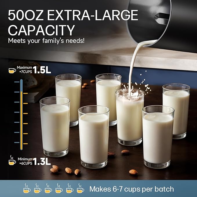 304 Stainless Steel Almond Milk Maker Machine (Built-in Filter) 50oz 6-7 Cups Per Batch, 8-IN-1 Cooking Blender Make Plant Based Nut Milk, Soy Oat Milk, Soup & Juice, Automatic Cleaning (Black)