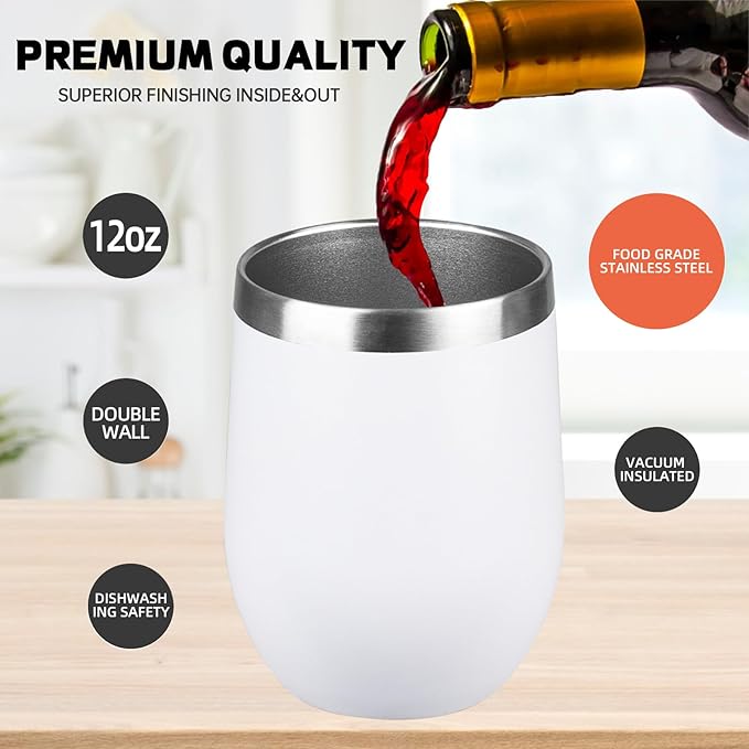 StarSpeed 12oz/12 Pack Wine Tumbler with lid, Stainless Steel Travel Mugs Stemless Double Wall Insulated Coffee Cup, Insulated Wine Glasses Travel Tumbler for Cold & Hot Drinks(White, 12)