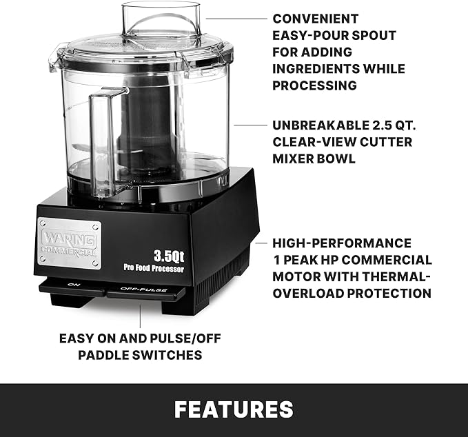 Waring Commercial WFP14SW 3.5 Quart Food Processor, 1 HP Motor, Low Profile Design, Patented LiquiLock Seal Bowl System, Includes Whipping Disc and a Standard S blade for Chopping, Pureeing, and Emulsyfying, 120V, 5-15 Phase Plug