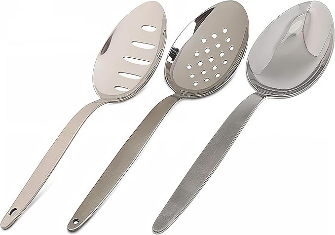 3-PCS Kunz Spoon | 9 Inch 18/10 Stainless Steel Serving Spoons Set Include Serving Spoon, Slotted and Perforated Spoons, Perfect for Basting, Plating, Quenelle, Sauces