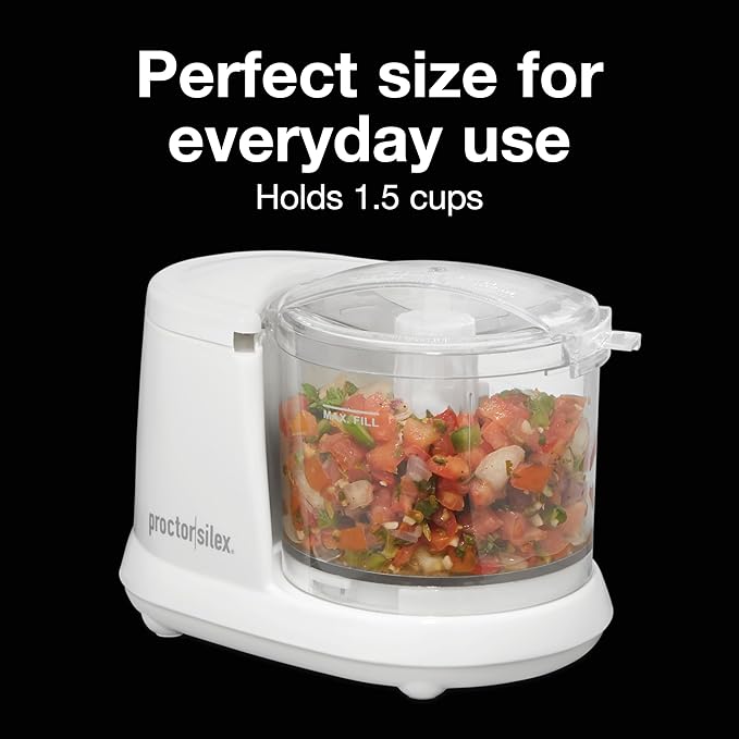 Proctor Silex Durable Electric Vegetable Chopper & Mini Food Processor for Chopping, Puree & Emulsify, 1.5 Cup, White