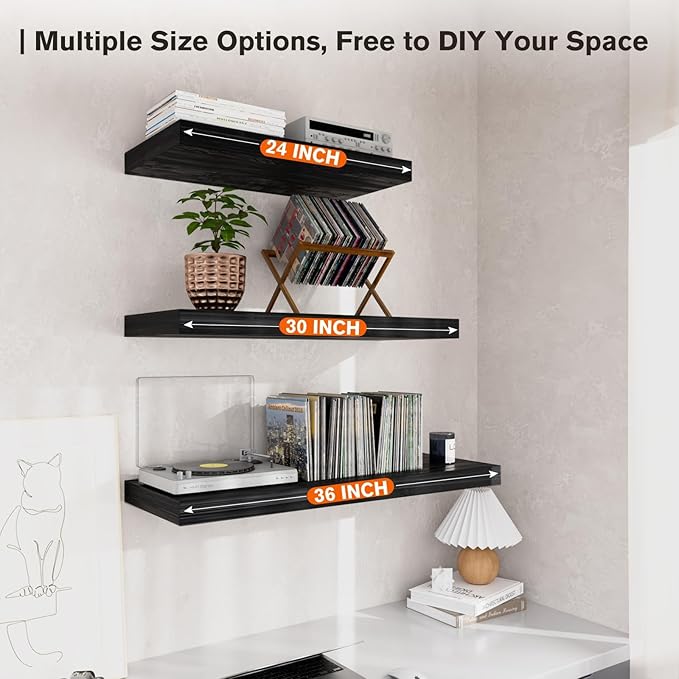 Floating Shelf, Set of 2 Wall Shelf, 30 in W x 12.75 in D x 2 in H Wooden Floating Wall Shelf with Invisible Brackets for Living Room/Bedroom/Bathroom/Kitchen Storage and Decor, Black Wood