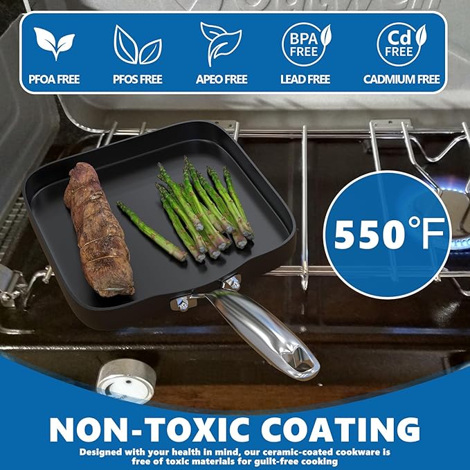 SafBbcue Square 11” Grill Pan Non-Stick Ceramic Coated, Durable Skillet Indoor & Outdoor Grilling, Oven Gas & Induction Safe, for Weber Charbroil Camp Chef Grill, Black