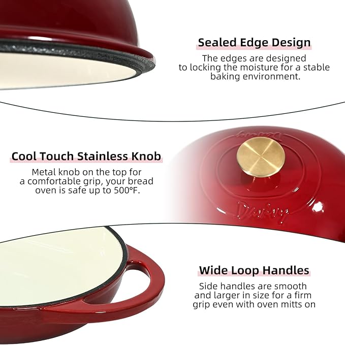 Davivy 6QT Oval Cast Iron Dutch Oven with Domed Lid, Bread Dutch Oven for Sourdough Bread Baking, Enameled Oval Sourdough Bread Loaf Pan 6QT, Bread Cloche Sourdough Pan with Lid - Ruby Red