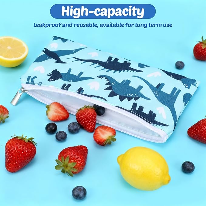 Chumia 6 Pcs Reusable Snack Bags Christmas Gifts Food Safety Washable Snack Bags Lunch with Zipper Portable Sandwich Bag Food Storage Pouch Double Layer (Dinosaur Skeleton,6.9 x 3.7 Inches)