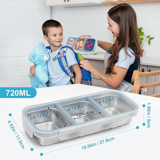 Snack Containers, 2Pack Steel Snackle Box Leakproof 3-Compartment Metal Bento Box with Airtight Lids, Reusable Food Storage Container for Lunch, Travel, Picnics, and Office