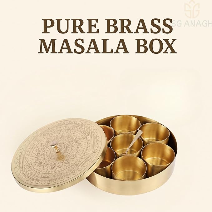 Brass Round Spice Box Masala Dabba-Spice Box Set With Spoon Container 90 ML Indian Masaladanni for Kitchen Counter With Spoon (Mandala, 9 Inch (Large Family))