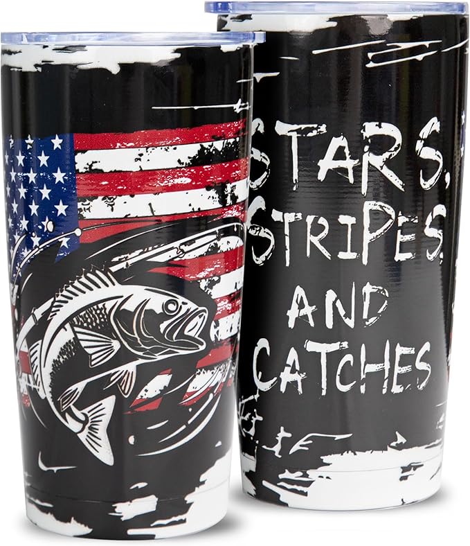 20oz Fishing Tumbler - Stainless Steel Vacuum Insulated | Fishing & American Flag Design, Leak-Proof Travel Mug for Hot/Cold Drinks, Patriotic Gift for Anglers, Fisherman & Outdoor Fans