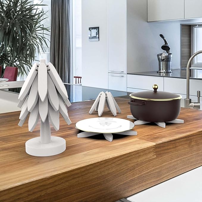 Wooden Trivets for Hot Dishes,Tree Shape Trivet Set, 4 Wooden Trivets+1 Stand, Natural FoldableKitchen Wooden Trivet for Hot Dishes、Pot、Bowl、Teapot、Hot Pot Holders (White)