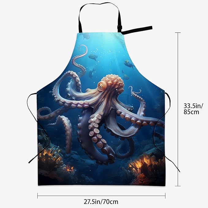 Octopus Apron for Women Men 28x33in, Kitchen Chef Aprons with 2 Pockets, Polyester, Underwater Octopus Apron