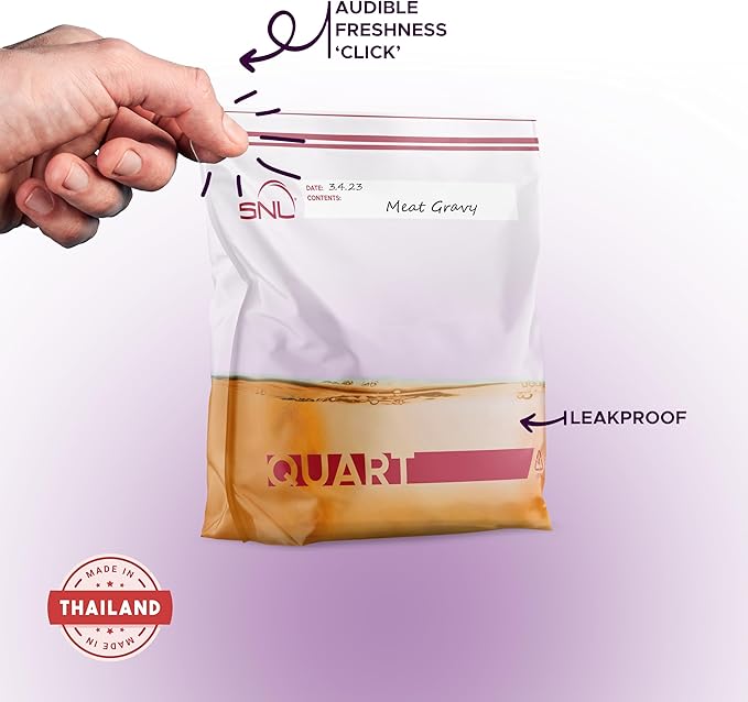 Quart Food Bags by SNL -100 Bags- Leak-Proof, Clear, Write-On Block, Reclosable, Disposable Storage Bags, Double Seal Zippers with Clicking Noise Zip Confirmation, Stand-Alone Gusset, Easy Dispensing