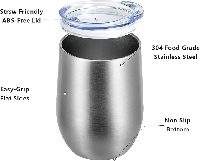 MEWAY 12oz/12 Pack Wine Tumbler Glasses with Lid -Double Wall Vacuum Stainless Steel Travel Tumbler Mug,Stemless Insulated Wine Cup for,Coffee,Cocktails,Gifts (Silver,Set of 12)