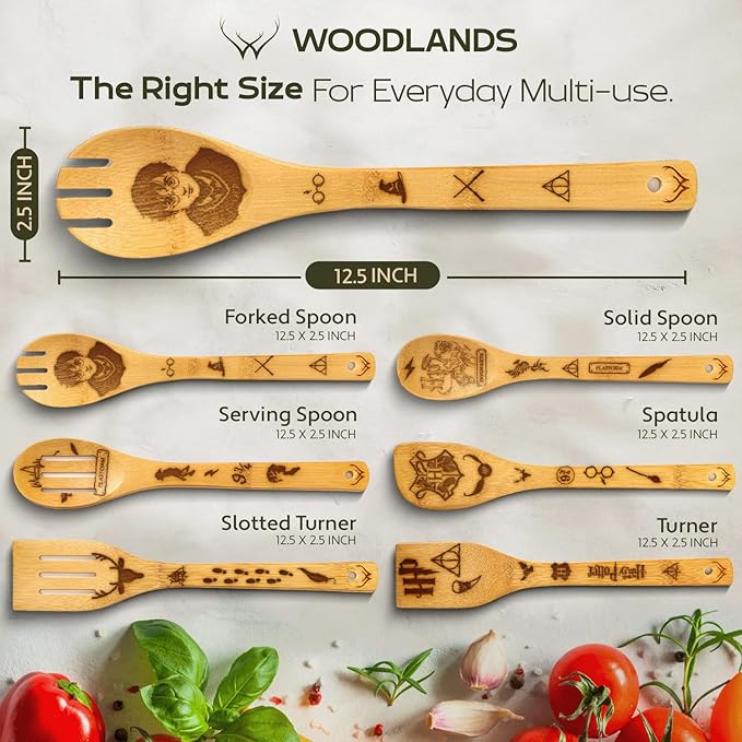 Harry Gifts for All Potter Fans Wooden Spoons for Cooking - 6-Piece Wooden Utensil Set with Spatulas & Spoons, Heat-Resistant, Eco-Friendly Kitchen Utensils for Non-Stick Cookware