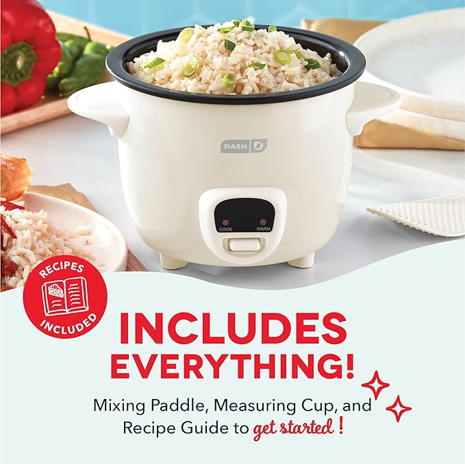 Dash Mini Rice Cooker Steamer with Removable Nonstick Pot, Keep Warm Function & Recipe Guide, 2 cups, for Soups, Stews, Grains & Oatmeal - Cream