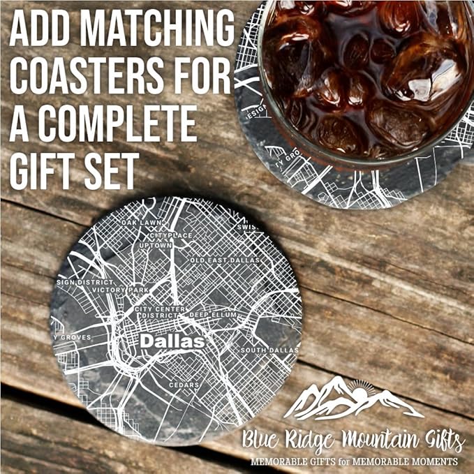 Blue Ridge Mountain Gifts - Dallas Souvenir - Texas Glassware Gift, Etched City Map, Laser Engraved and Dishwasher Safe
